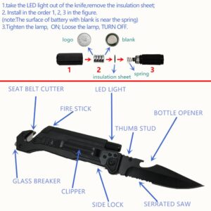 ALBATROSS 6-in-1 Survival Tactical Military Folding Pocket Knives with LED Light,Seatbelt Cutter,Glass Breaker,Magnesium Fire Starter,Bottle Opener;Multi-Function Emergency Tool(Black)