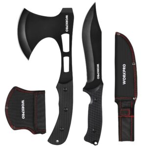 workpro hunting knife and hatchet axe combo set - full tang fixed blade tactical knife and camping axe - survival knife and camping hatchet with sheathes - tactical knife and survival axe for men