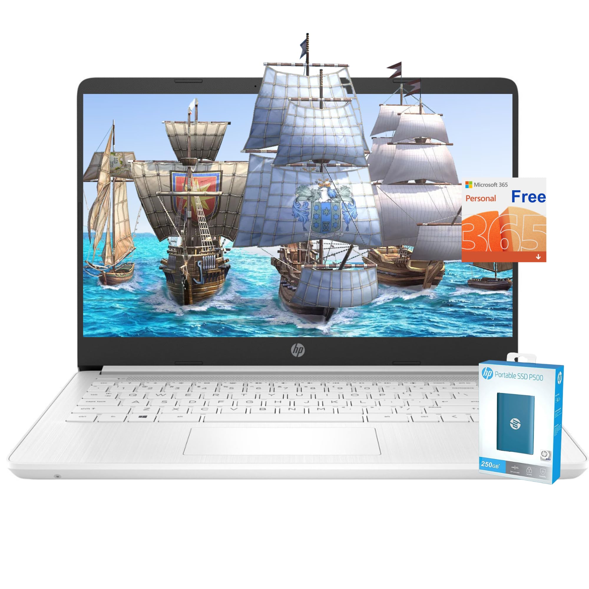 Hp Newest 14" Ultral Light Laptop, 314GB Storage(64GB eMMC+250GB Portable SSD), Intel Quad-Core N4120, 1 Year Office 365, HDMI, WiFi, USB-A&C, Long Battery Life, Win 11S (8GB RAM, White)