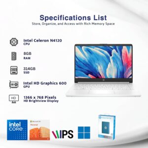 Hp Newest 14" Ultral Light Laptop, 314GB Storage(64GB eMMC+250GB Portable SSD), Intel Quad-Core N4120, 1 Year Office 365, HDMI, WiFi, USB-A&C, Long Battery Life, Win 11S (8GB RAM, White)