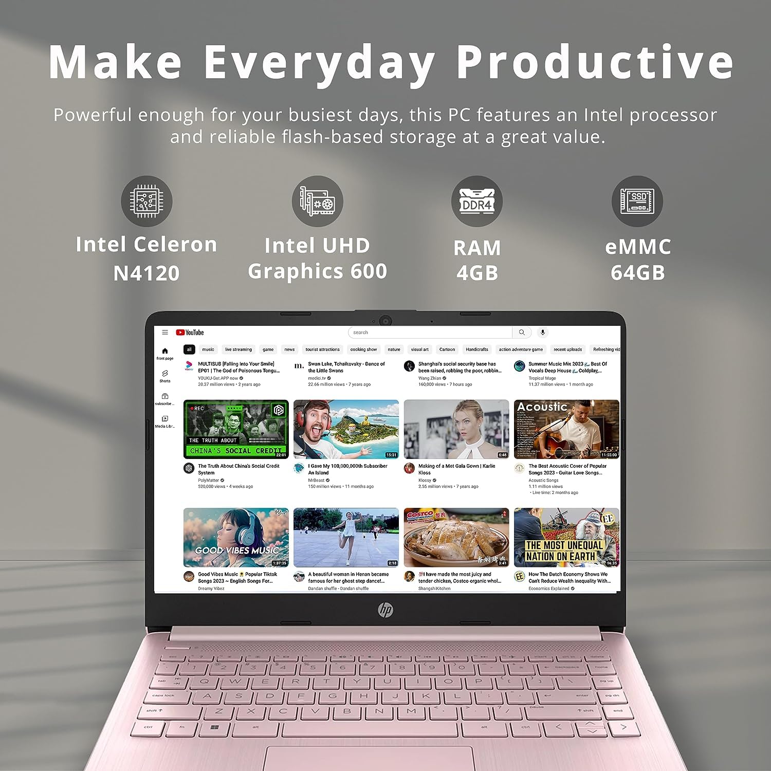 HP Stream 14" HD BrightView Laptop, Intel Celeron N4020 Processor, 4GB RAM, 64GB SSD, Intel HD Graphics, 720p Webcam, 1 year Office 365, Pink, Win 11 S, 32GB Hotface USB Card