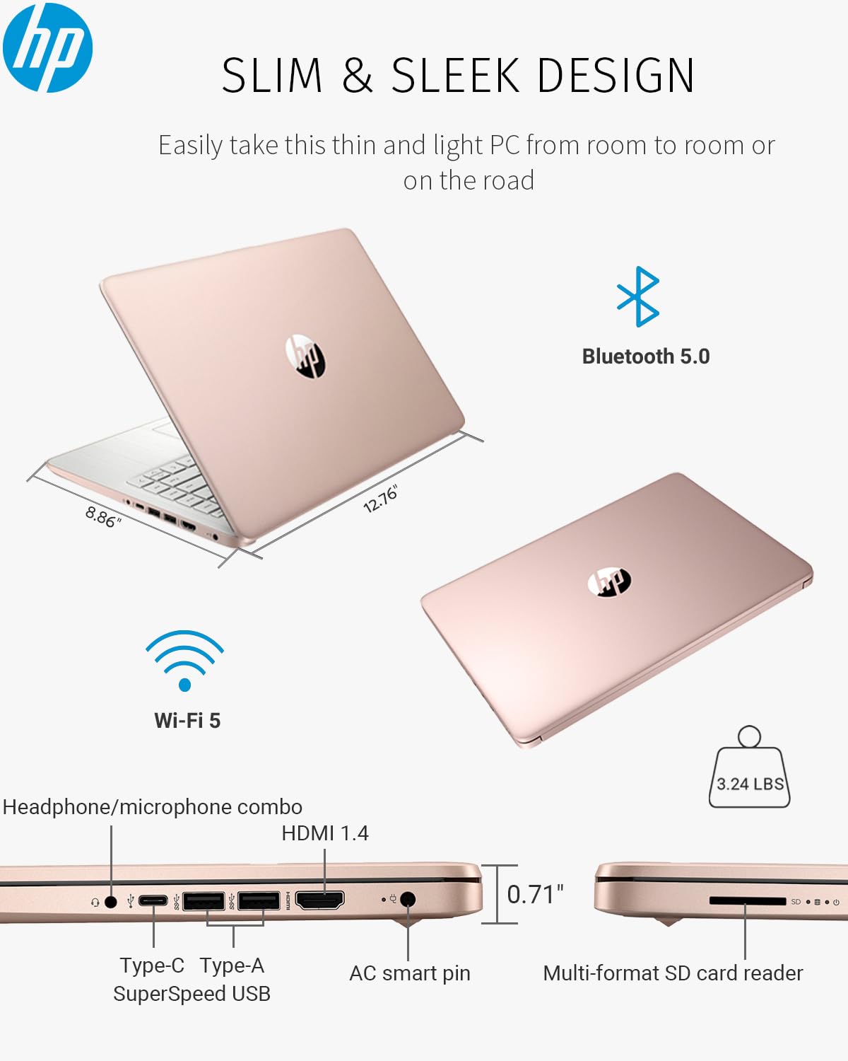 HP Newest Laptop Computer, 14” HD Light PC, Intel Quad-Core Celeron N4120, 8GB DDR4 RAM, 192GB Storage, 1-Year Office 365, Windows 11, Long Battery Life, Webcam, USB-C, Wi-Fi 5, HDMI, Rose Gold, PCM