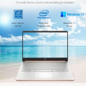 HP Newest Laptop Computer, 14” HD Light PC, Intel Quad-Core Celeron N4120, 8GB DDR4 RAM, 192GB Storage, 1-Year Office 365, Windows 11, Long Battery Life, Webcam, USB-C, Wi-Fi 5, HDMI, Rose Gold, PCM