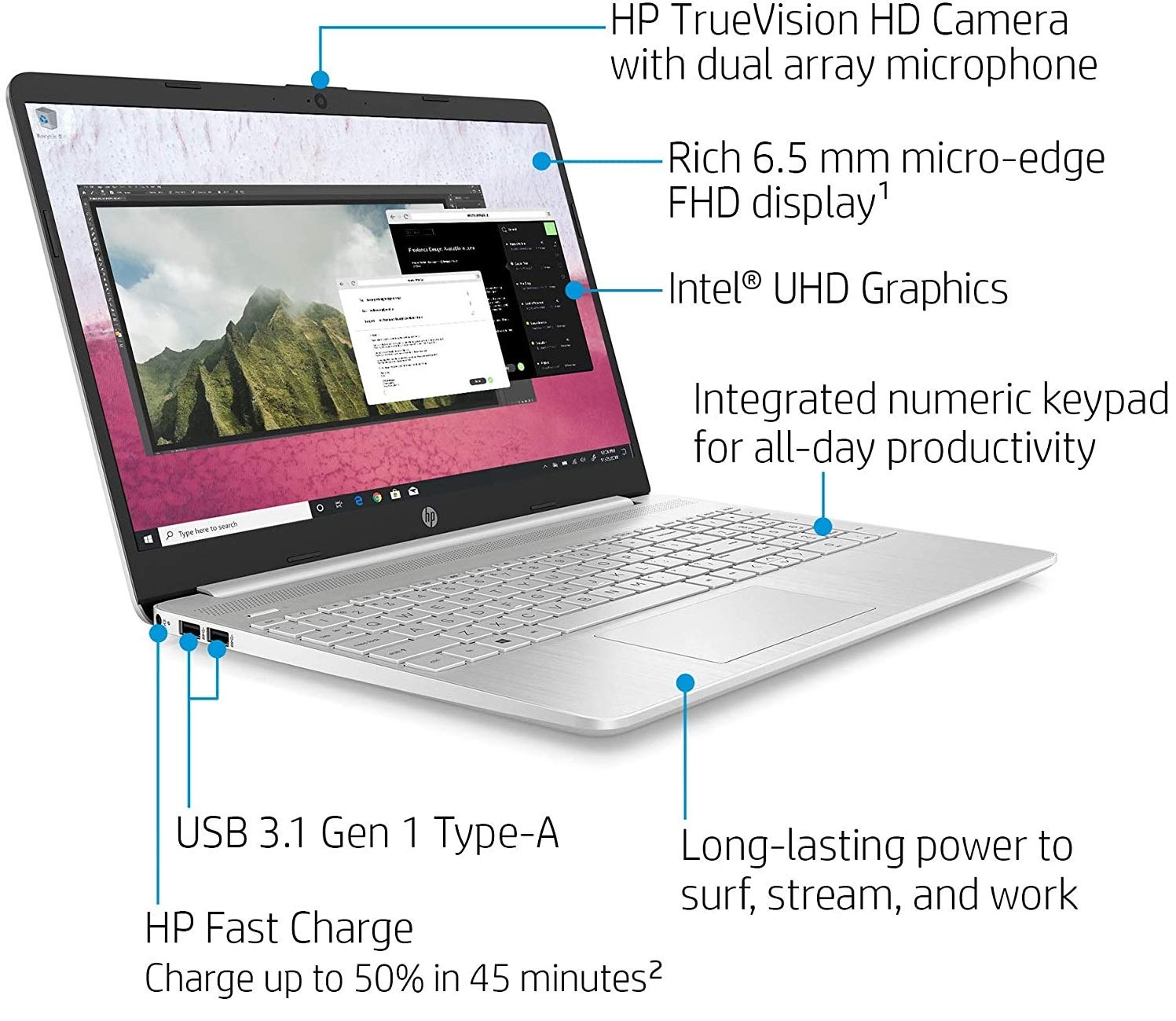 HP Laptop 15-dy1079ms (Core i7-1065G7) 15.6 Full HD 1920x1080 IPS touchscreen 12GB DDR4 Ram, 256GB SSD, Webcam, HDMI, Silver, Windows 10 Home