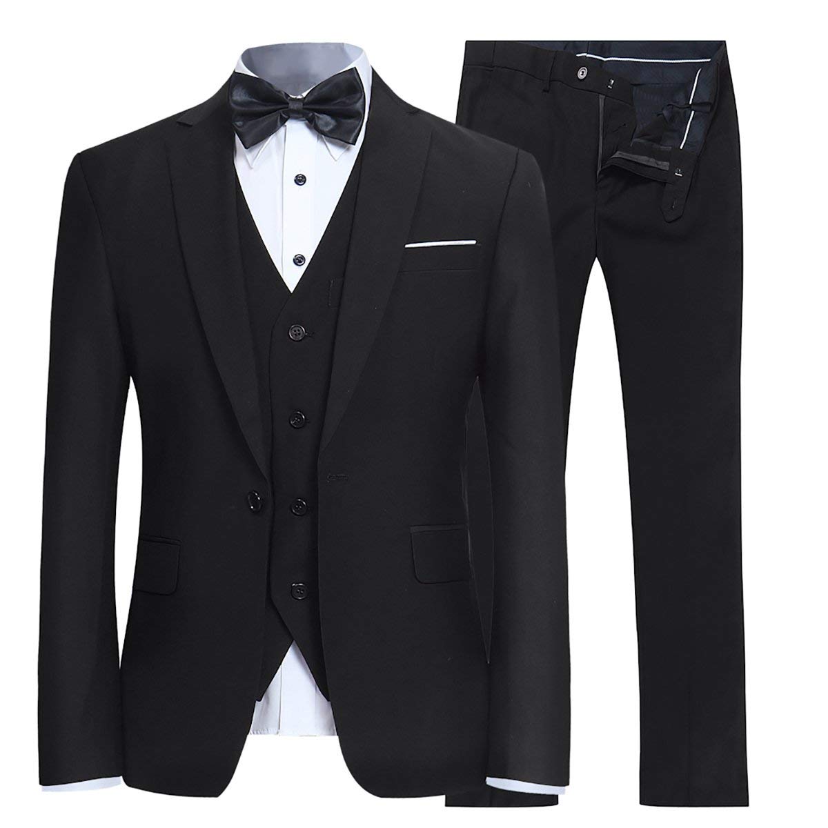 YFFUSHI Men's Slim Fit 3 Piece Suit One Button Blazer Tux Vest & Trousers,Black,Large