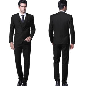 YFFUSHI Men's Slim Fit 3 Piece Suit One Button Blazer Tux Vest & Trousers,Black,Large