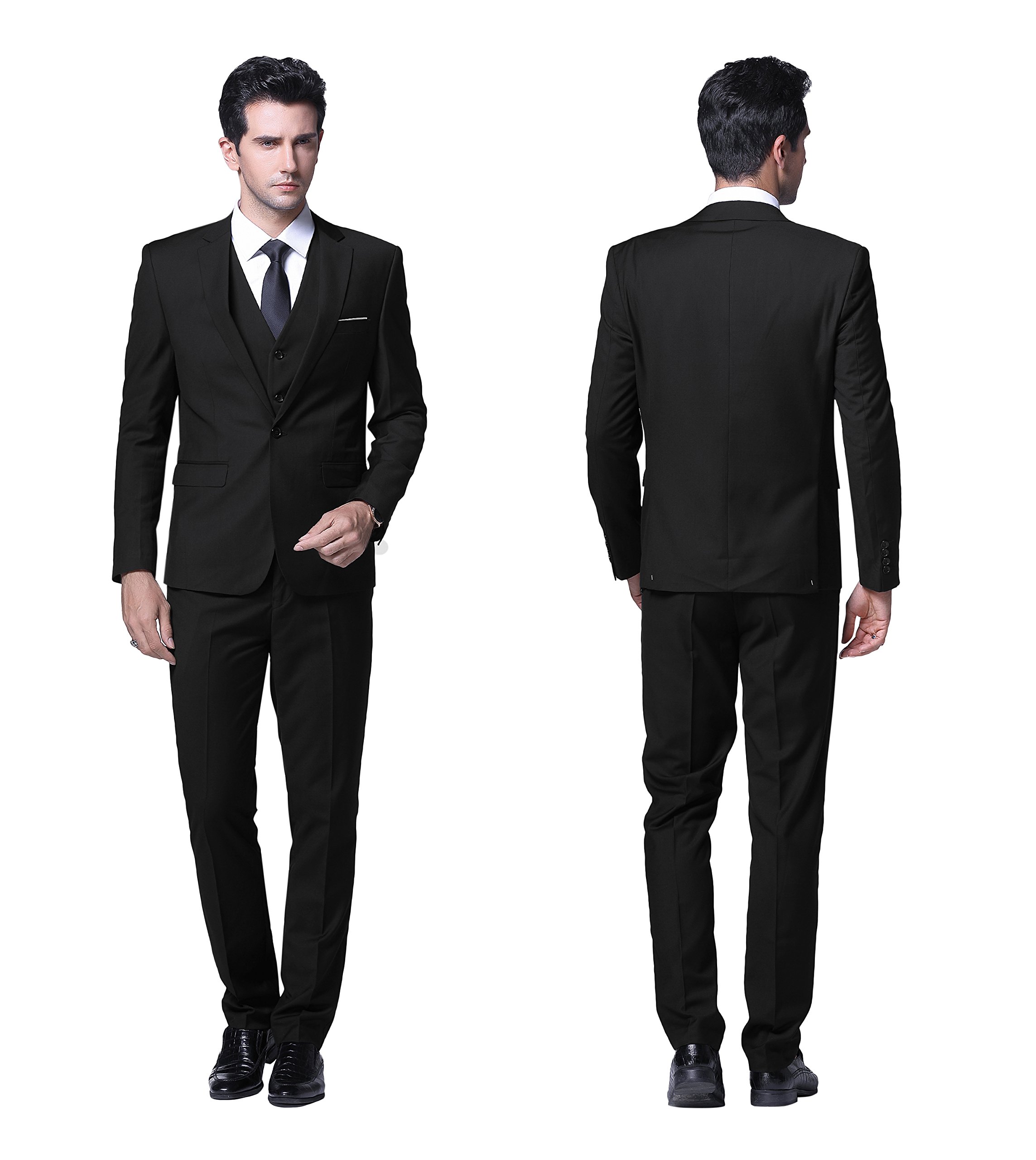 YFFUSHI Men's Slim Fit 3 Piece Suit One Button Blazer Tux Vest & Trousers,Black,Large