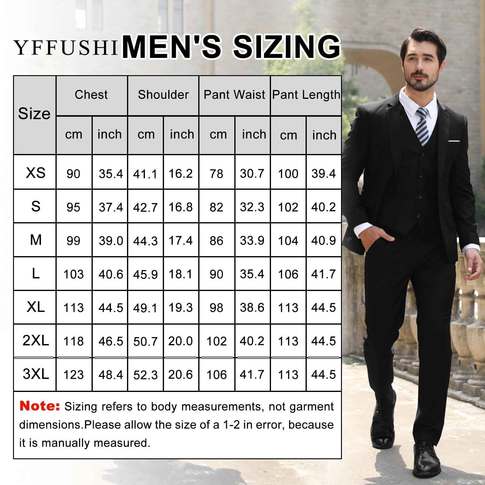 YFFUSHI Men's Slim Fit 3 Piece Suit One Button Blazer Tux Vest & Trousers,Black,Large