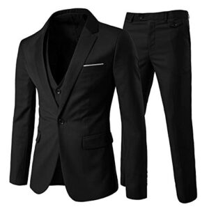 Mens Notch Lapel Modern Fit Suit Blazer Jacket Tux Vest and Trousers Set Three-Piece,Black,Large