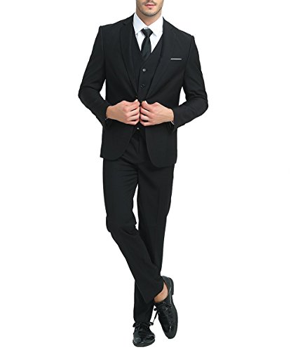 Mens Notch Lapel Modern Fit Suit Blazer Jacket Tux Vest and Trousers Set Three-Piece,Black,Large