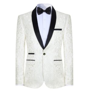 mens floral jacquard dress suit jacket 1 button print tux blazer sport coat (white, large/40r)