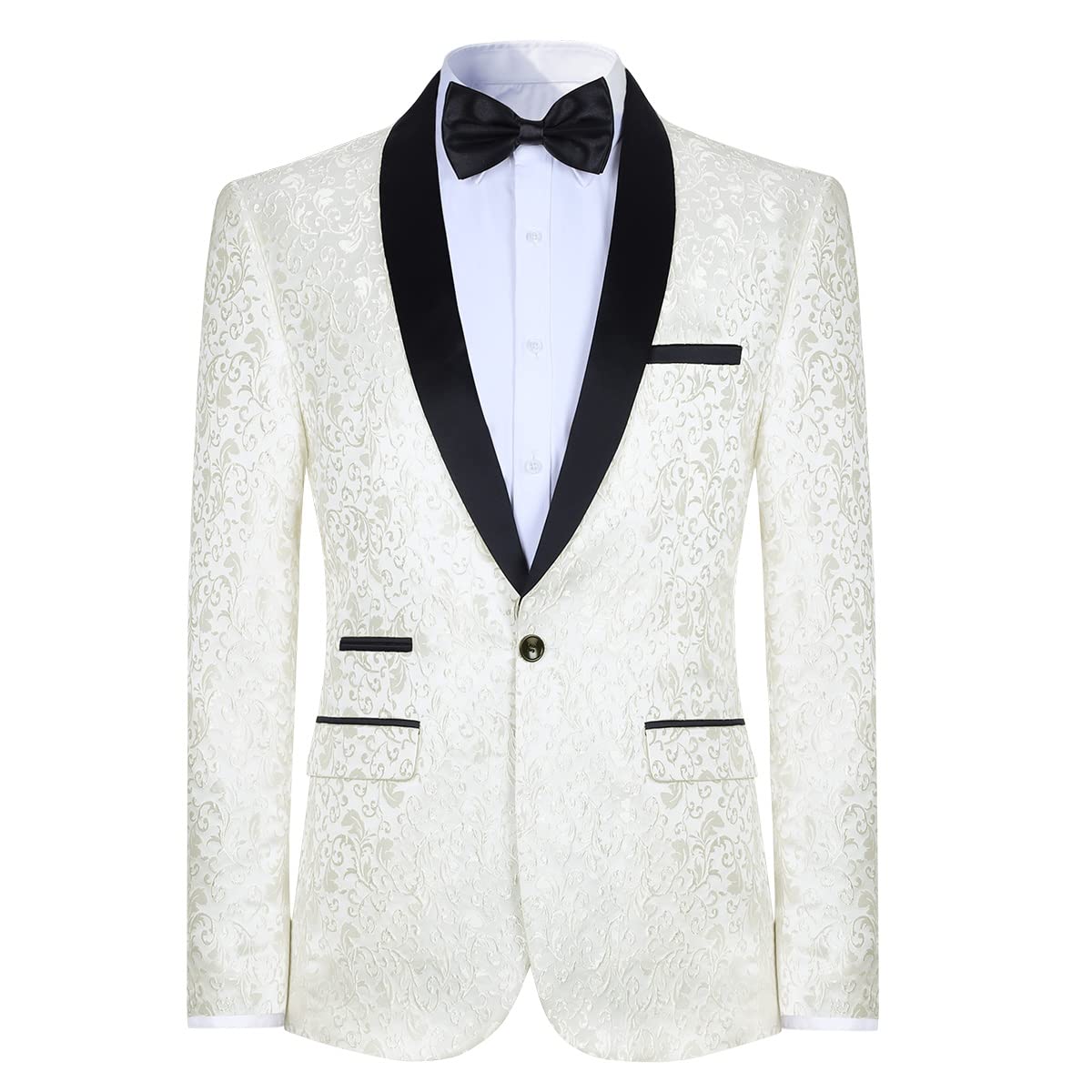 Mens Floral Jacquard Dress Suit Jacket 1 Button Print Tux Blazer Sport Coat (White, Large/40R)