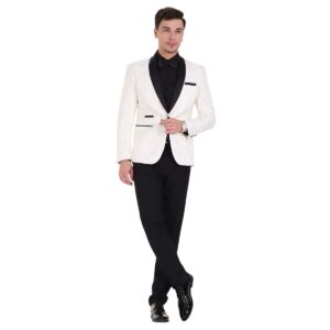 Mens Floral Jacquard Dress Suit Jacket 1 Button Print Tux Blazer Sport Coat (White, Large/40R)