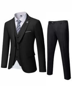 mrsure men’s 3 piece suit blazer, slim fit tux with one button, jacket vest pants & tie set for party, wedding and business black