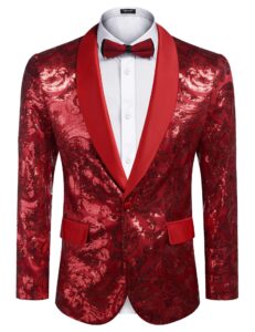 coofandy red sequin blazer men shiny christmas floral tux dinner jackets stage blazers christmas prom party red, s