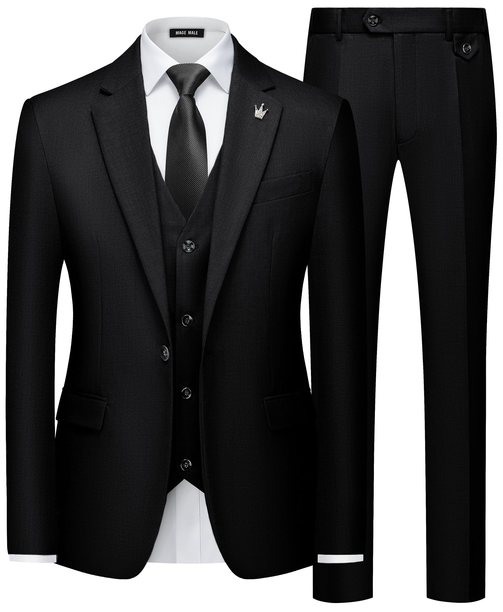 MAGE MALE Mens Suits Slim Fit 3 Piece Tuxedo Suit One Button Solid Prom Wedding Party Blazer Vest Pants Set with Tie Black