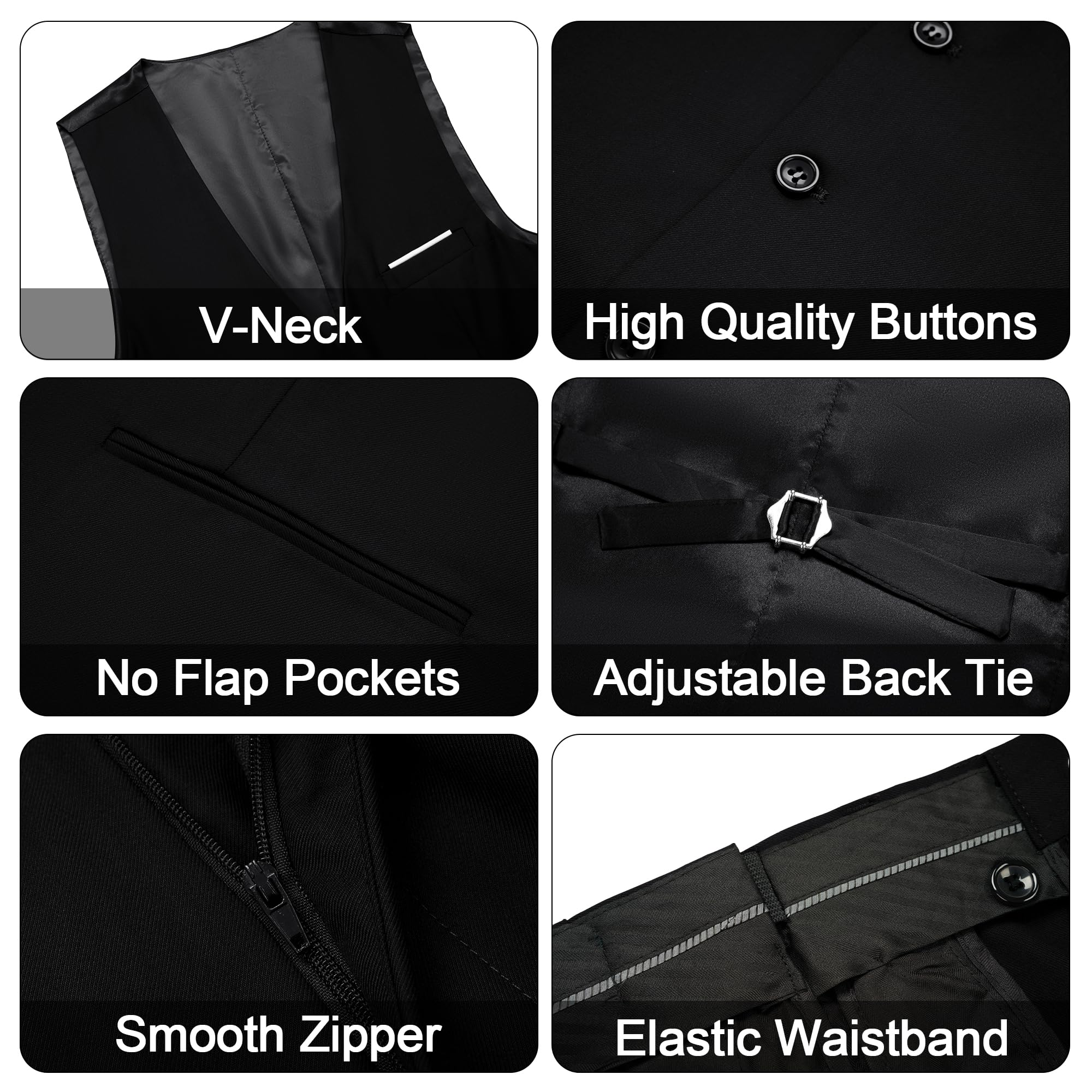 MAGE MALE Men's 3 Pieces Suit Elegant Solid One Button Slim Fit Single Breasted Party Blazer Vest Pants Set. Black