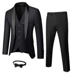 my's mens 3-piece suit shawl lapel one button tuxedo slim fit premium dinner jacket vest pants & tie set black