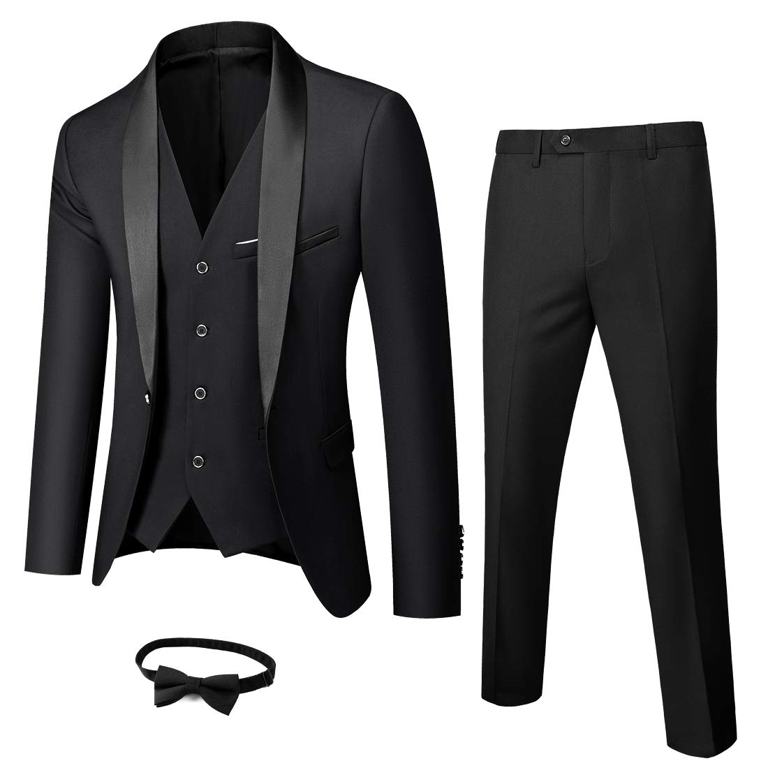 MY'S Mens 3-Piece Suit Shawl Lapel One Button Tuxedo Slim Fit Premium Dinner Jacket Vest Pants & Tie Set Black