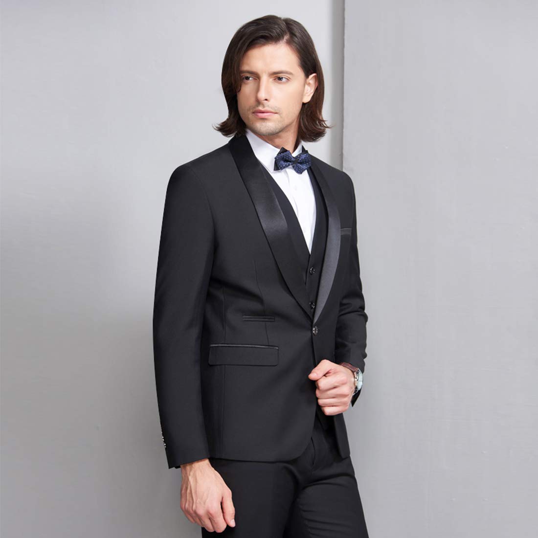 MY'S Mens 3-Piece Suit Shawl Lapel One Button Tuxedo Slim Fit Premium Dinner Jacket Vest Pants & Tie Set Black