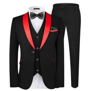 MAGE MALE Men's Slim Fit 3 Piece Suit One Button Solid Shawl Lapel Blazer Jacket Vest Pants Set with Tie Pocket Square Black-red