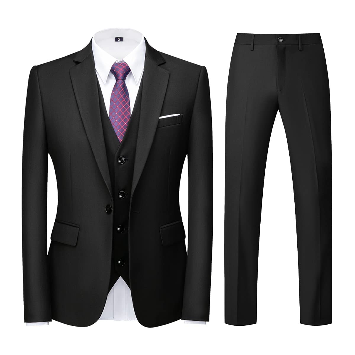 Mens Suits Regular Fit 3 Piece Tuxedo Blazer Jacket Vest Pants Formal Suit Set for Men Wedding Prom Casual Black