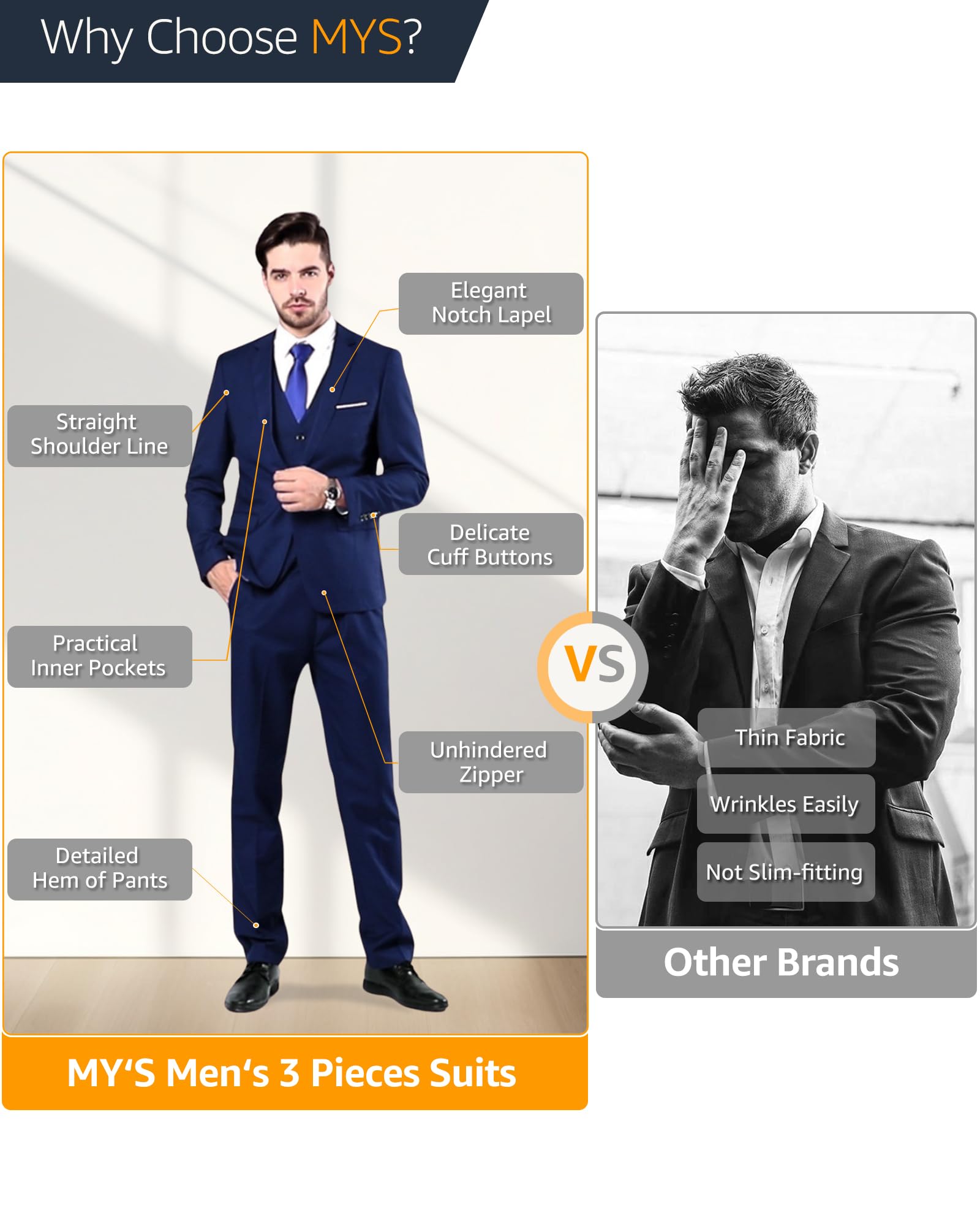 MY'S Men's Blazer Vest Pants Set, Solid Party Wedding Dress, One Button Jacket Waistcoat and Trousers, 3 Piece Slim Fit Suit with Tie Black