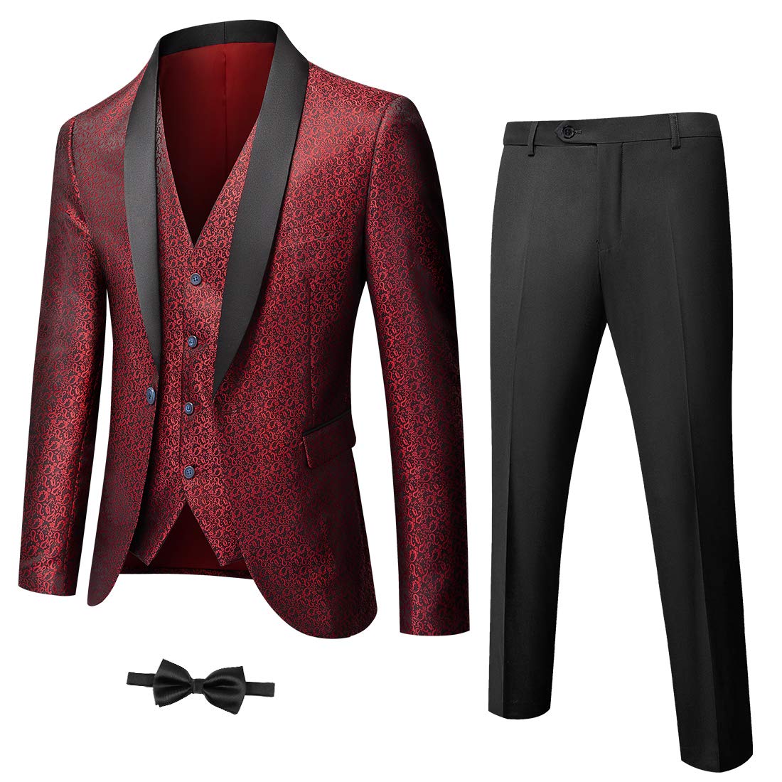 YND Men's 3 Piece Slim Fit Tuxedo Suit Set, One Button Shawl Collar Floral Business Blazer Jacket Vest Pants with Bow Tie, Red