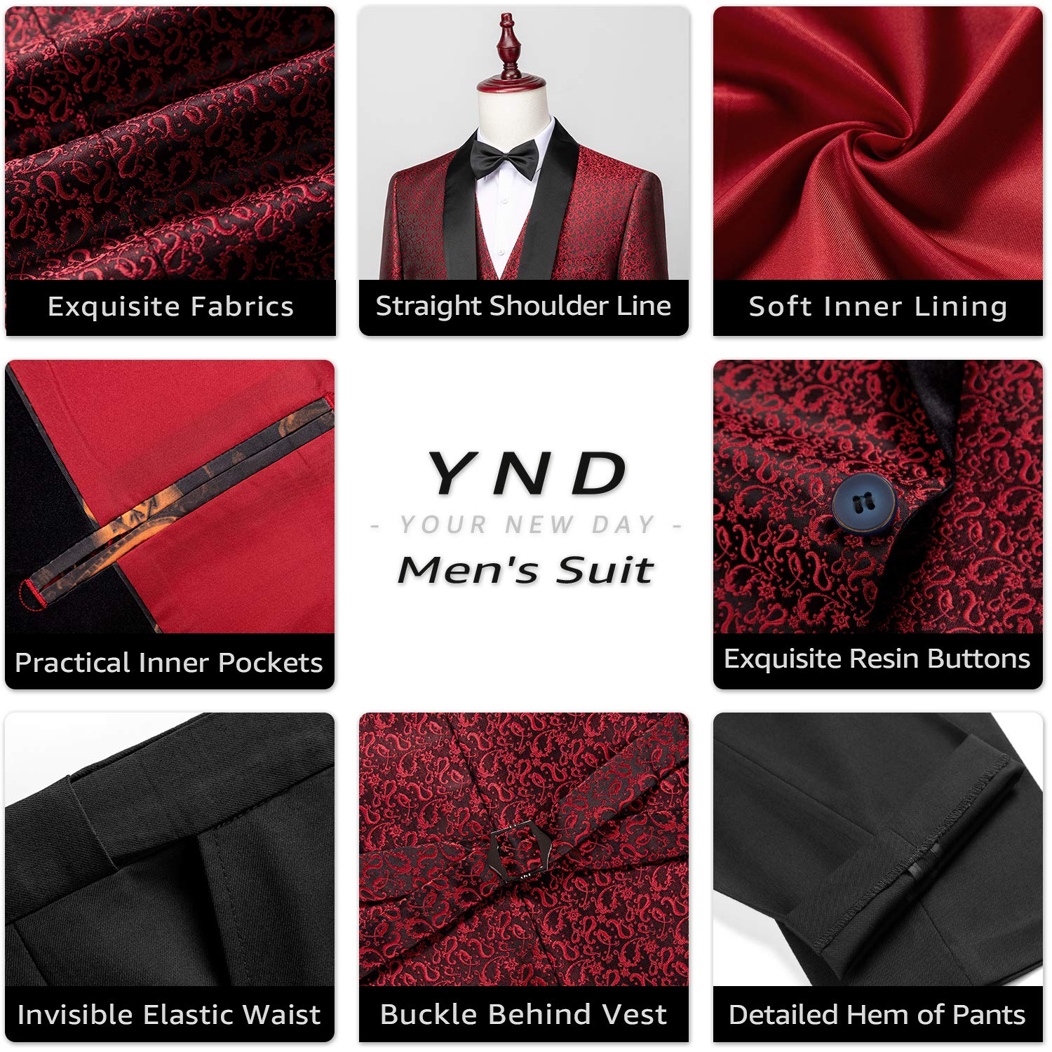 YND Men's 3 Piece Slim Fit Tuxedo Suit Set, One Button Shawl Collar Floral Business Blazer Jacket Vest Pants with Bow Tie, Red