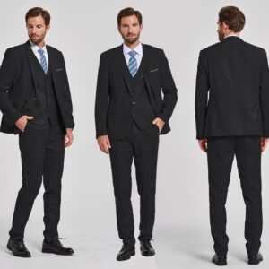 MY'S Men?s 3 Piece Slim Fit Suit Set, One Button Blazer Jacket Vest Pants with Tie, Solid Party Wedding Dress, Tux Waistcoat and Trousers, Black, L, 5'9-6'3, 175-190lbs