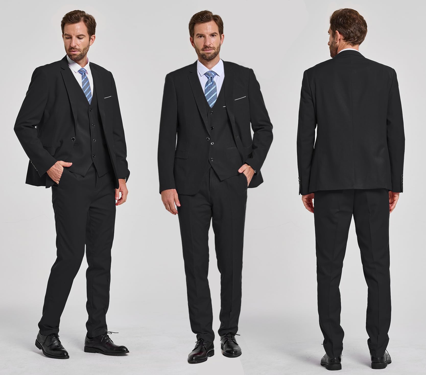 MY'S Men?s 3 Piece Slim Fit Suit Set, One Button Blazer Jacket Vest Pants with Tie, Solid Party Wedding Dress, Tux Waistcoat and Trousers, Black, L, 5'9-6'3, 175-190lbs