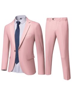 ynd men's slim fit 2 piece suit, one button jacket pants set with tie, solid party wedding dress blazer, tux trousers, light pink