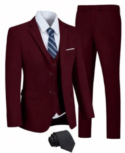 mrkotyin men suits 3 piece suit set slim fit, dress suits set with 2 button tux blazer jacket vest pants for party wedding business burgundy-xxl