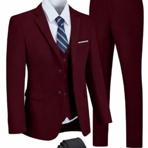 Mrkotyin Men Suits 3 Piece Suit Set Slim Fit, Dress Suits Set with 2 Button Tux Blazer Jacket Vest Pants for Party Wedding Business Burgundy-XXL