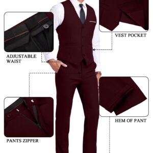 Mrkotyin Men Suits 3 Piece Suit Set Slim Fit, Dress Suits Set with 2 Button Tux Blazer Jacket Vest Pants for Party Wedding Business Burgundy-XXL