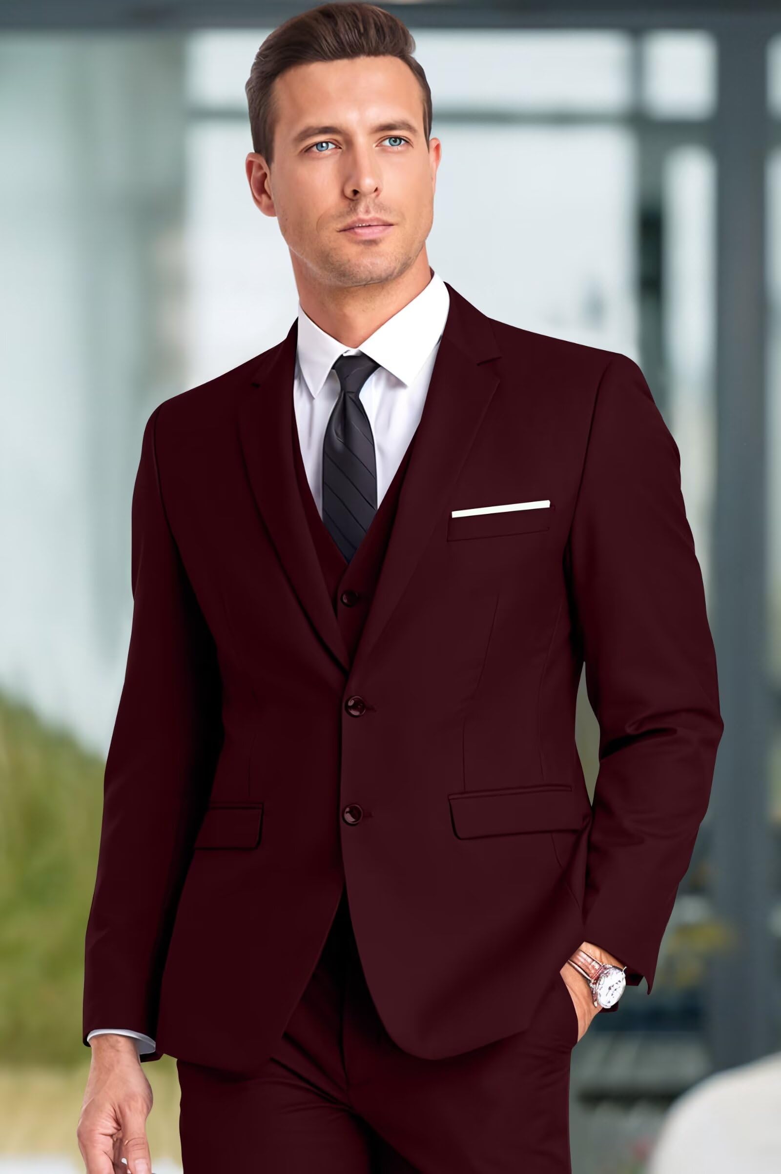 Mrkotyin Men Suits 3 Piece Suit Set Slim Fit, Dress Suits Set with 2 Button Tux Blazer Jacket Vest Pants for Party Wedding Business Burgundy-XXL