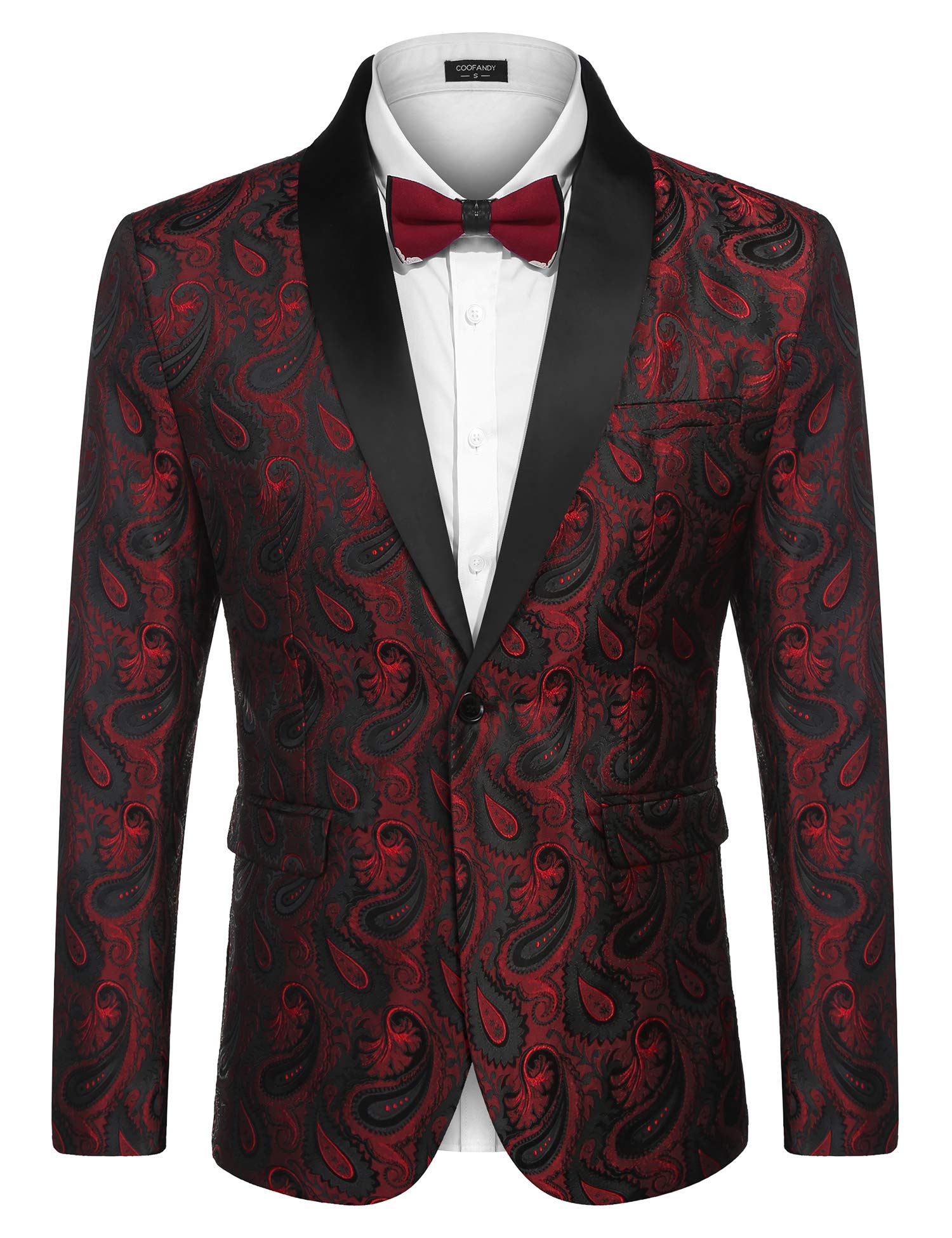 COOFANDY Mens Floral Tuxedo Jacket Paisley Shawl Lapel Suit Blazer Jacket for Dinner,Prom,Wedding Wine Red