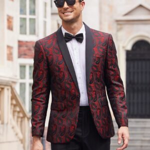 COOFANDY Mens Floral Tuxedo Jacket Paisley Shawl Lapel Suit Blazer Jacket for Dinner,Prom,Wedding Wine Red