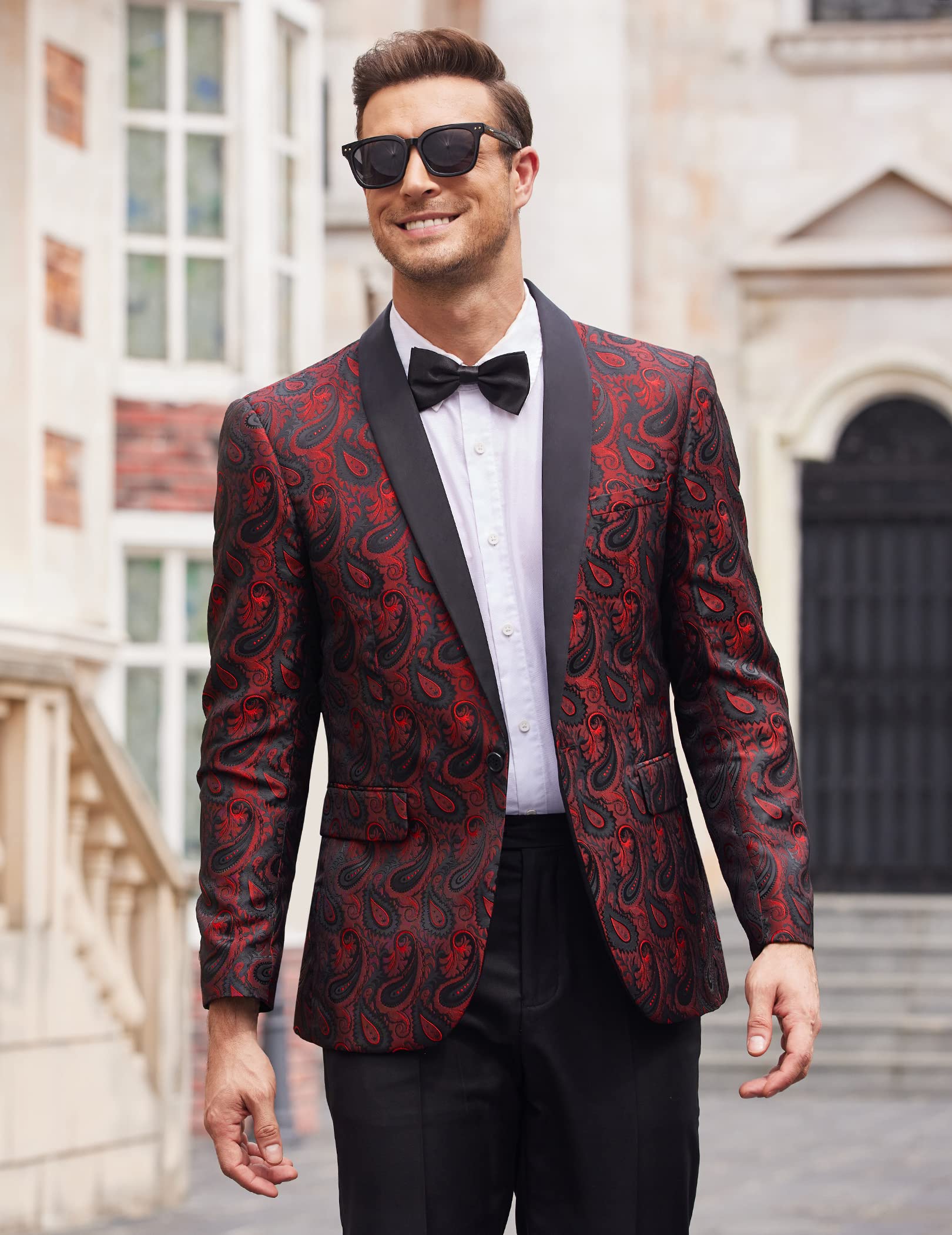 COOFANDY Mens Floral Tuxedo Jacket Paisley Shawl Lapel Suit Blazer Jacket for Dinner,Prom,Wedding Wine Red