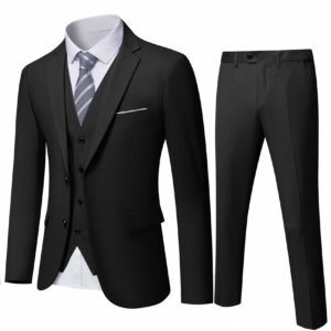 YND Men's Slim Fit 2 Button 3 Piece Suit Set, Blazer Jacket Vest Pants and Tie, Solid Wedding Dress Tux and Trousers Black