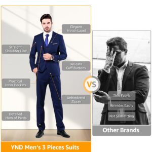 YND Men's Slim Fit 2 Button 3 Piece Suit Set, Blazer Jacket Vest Pants and Tie, Solid Wedding Dress Tux and Trousers Black