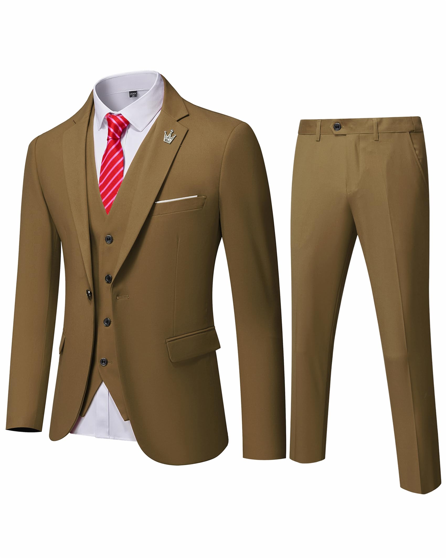 EastSide Men's Slim Fit 3 Pieces , One Button Sets Vest Pants Coat Suit, Khaki, Small