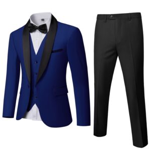 MrSure Men's 3 Piece Slim Fit Suit, One Button Shawl Lapel Tuxedo, Premium Dinner Jacket Vest Pants & Tie Set Royal Blue