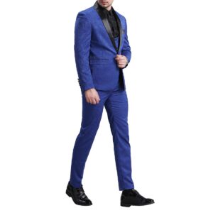 YFFUSHI Mens Elegant Jacquard 3 Piece Suit Slim Fit Royal Blue Tuxedo,Blue,XX-Large