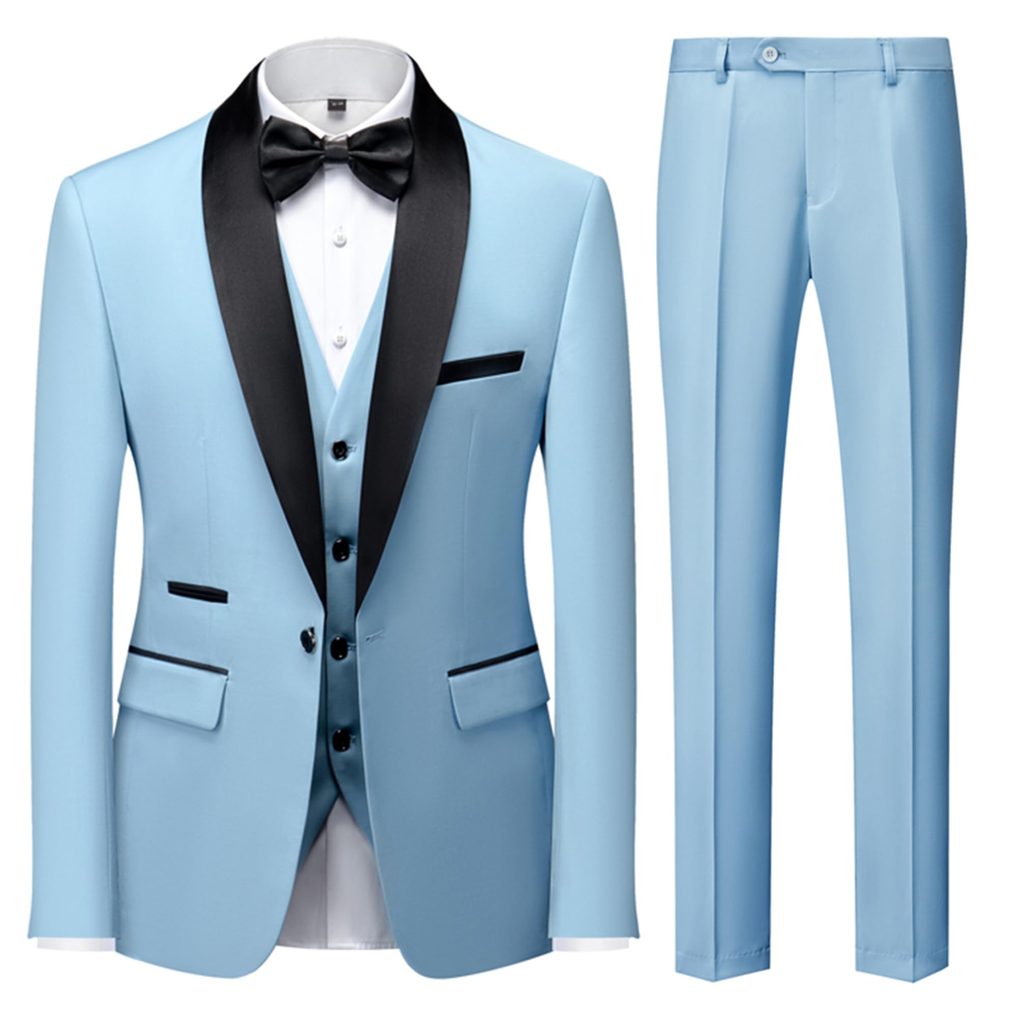 Mens 3 Piece Suit Slim Fit Dress Tux Suits for Men Solid Color Wedding Classic Tuxedo Set US Size M Light Blue