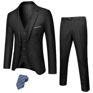 YND Men's Slim Fit 3 Piece with Stretch Fabric, One Button Solid Jacket Vest Button Pants with Stretch Fabric, Party Wedding Dress Blazer, Personalized Color and Size, Black (Stretch Fabric)