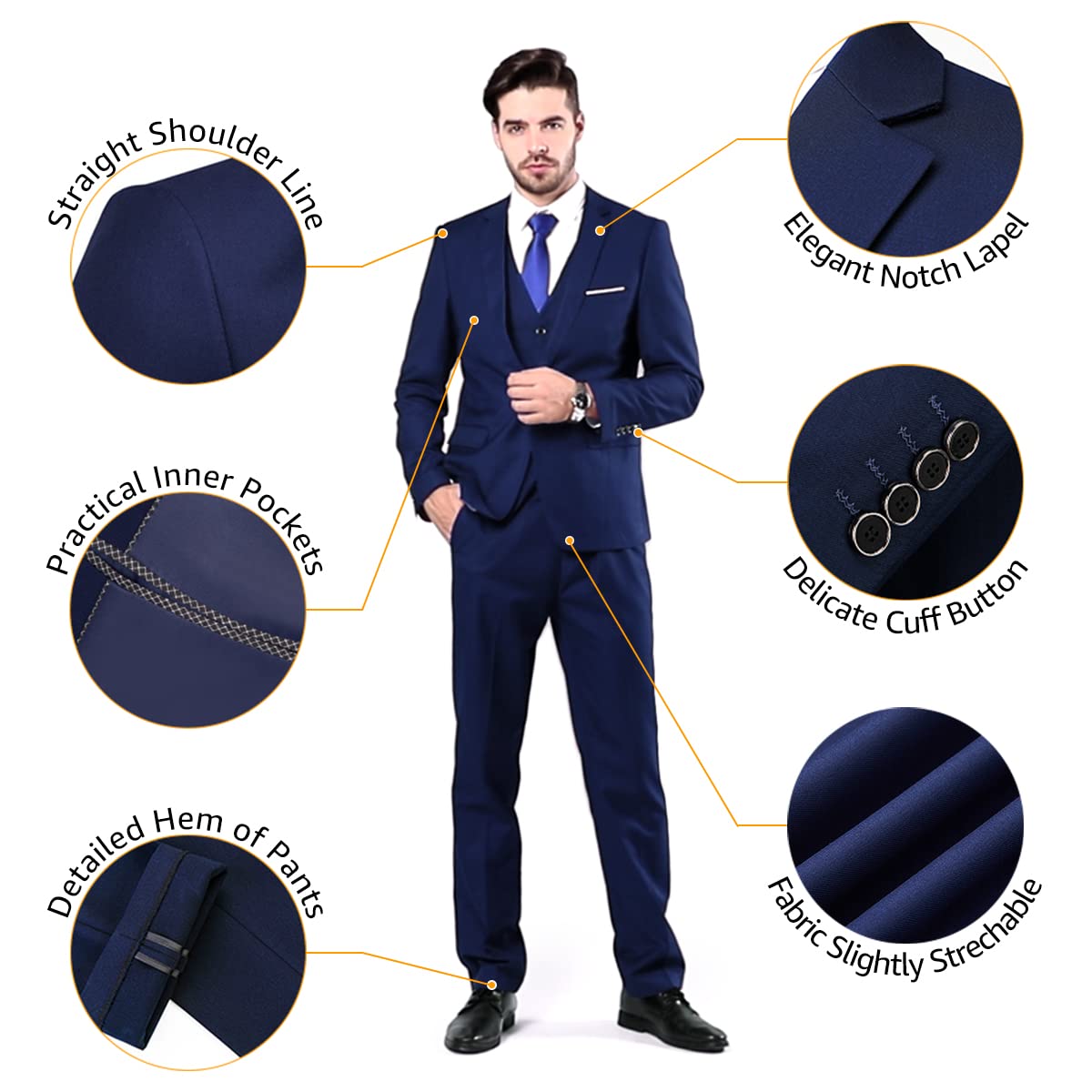 YND Men's Slim Fit 3 Piece with Stretch Fabric, One Button Solid Jacket Vest Button Pants with Stretch Fabric, Party Wedding Dress Blazer, Personalized Color and Size, Black (Stretch Fabric)