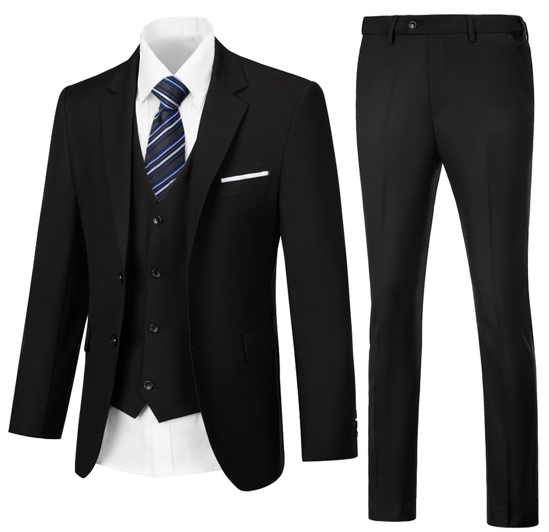 Mens 3 Piece Suit Set,Slim Fit Suits for Men,Solid Jacket,Vest,Pants Tuxedo Black M