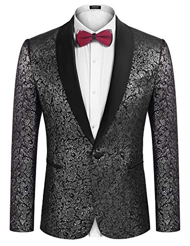 COOFANDY Mens Floral Tuxedo Jacket Dinner Jackets Blazers Paisley Shawl Lapel Formal Suit Jacket Slim Fit for Christmas Prom Party Silver