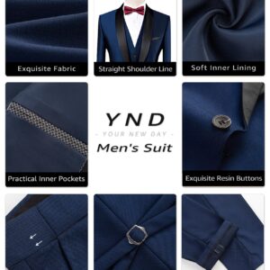 YND Men's 3 Piece Slim Fit Tuxedo Suit Set, One Button Shawl Collar Solid Business Blazer Jacket Vest Pants with Bow Tie, Maroon Collar Black